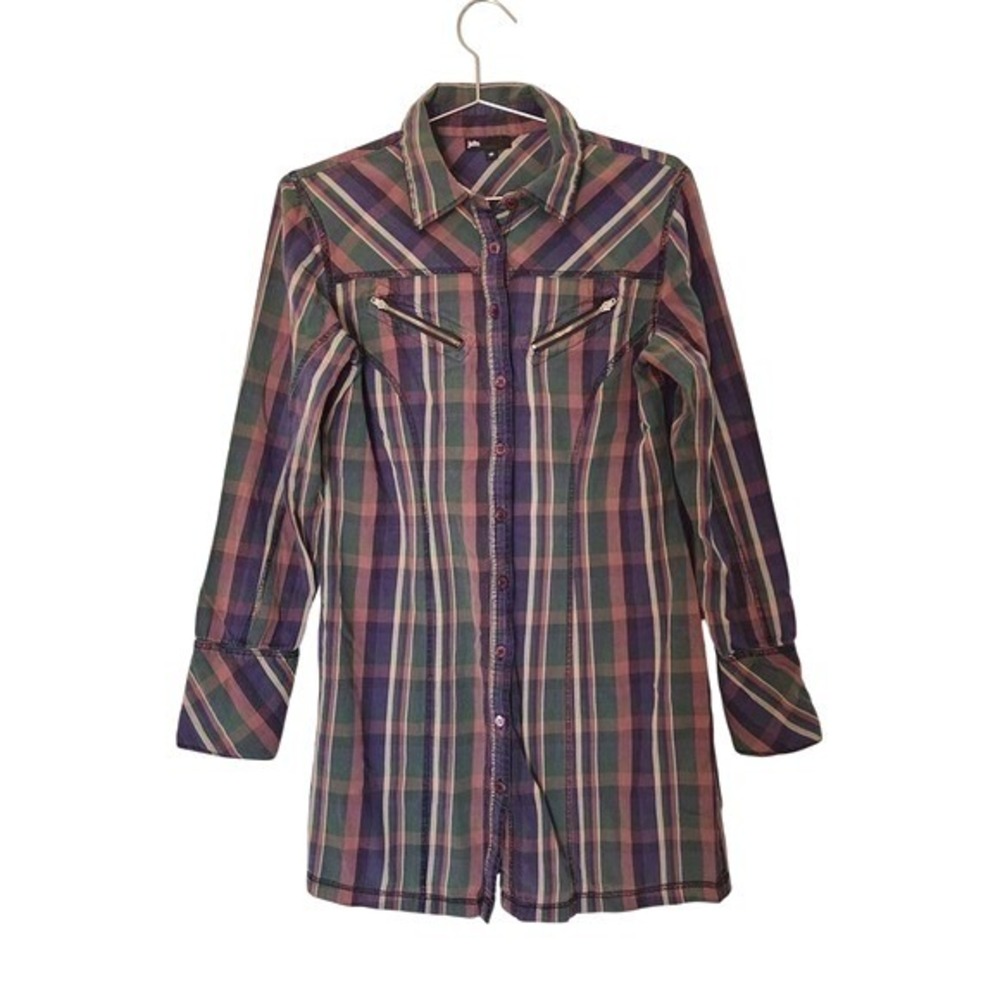 jsfn Plaid Zipper Pocket Button Down Shirt Dress Small Cotton Indie Utility Punk